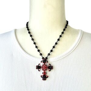 Vintage Y2K VCLM Cross Pendant Necklace Red & Orange Rhinestone